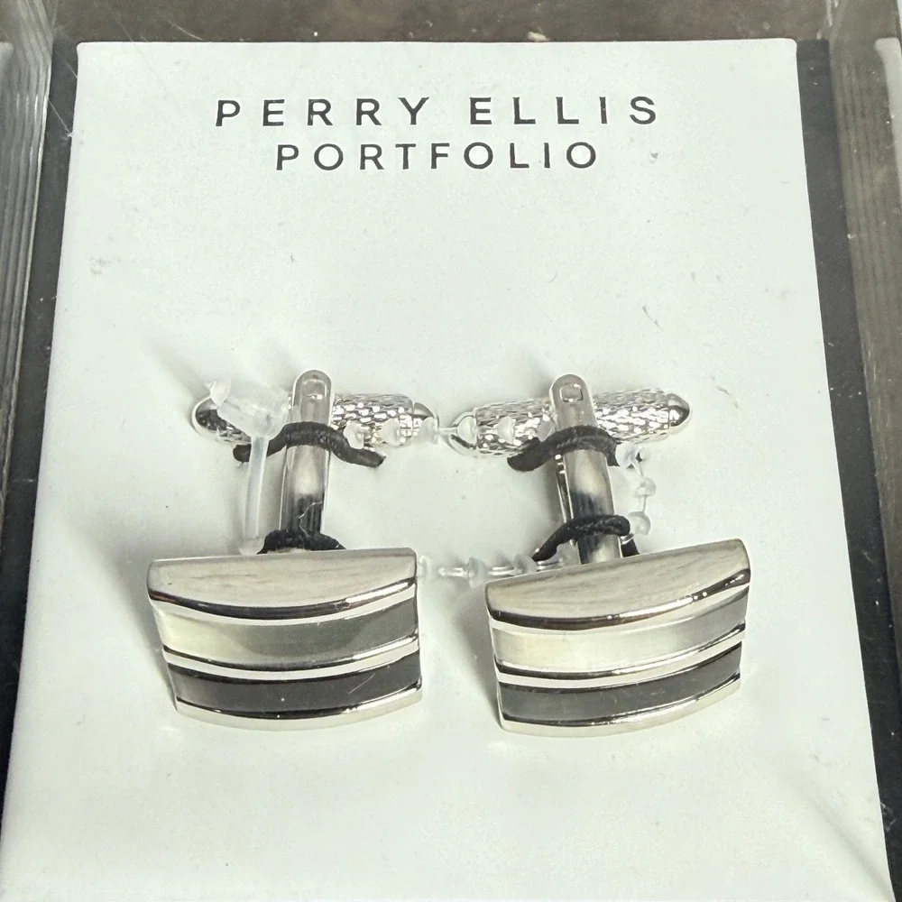 Perry Ellis Cufflinks Mens OS Silver Grey GPC0010M Portfolio Striped Rectangular